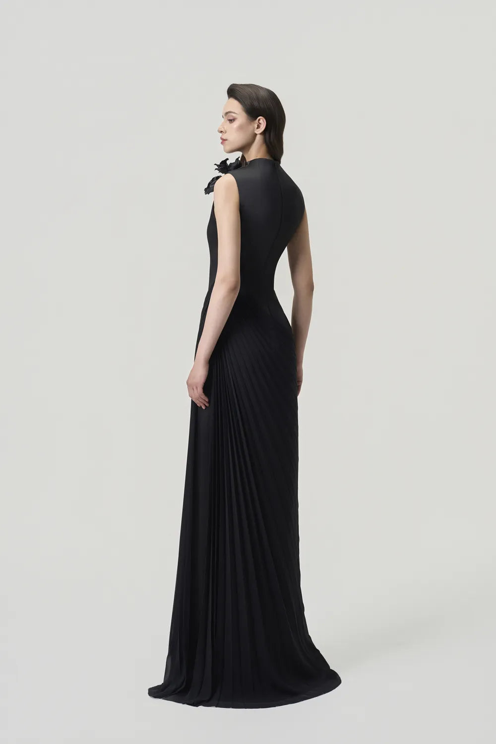 High Neck Diagonal Drop Waist Pleated Dress - TRACY COUTURE