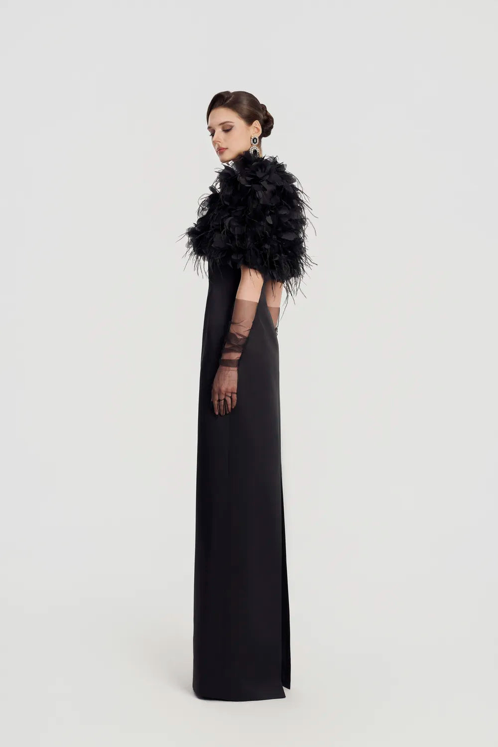 3D Floral Feather Cropped Cape With Straight Dress Set - TRACY COUTURE