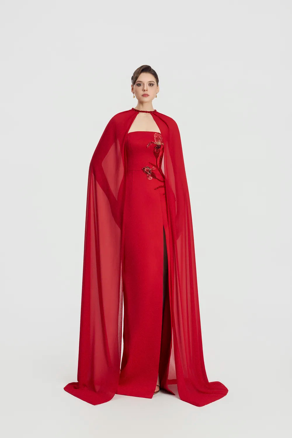 Long Cape Floral Crystal Embellished Dress