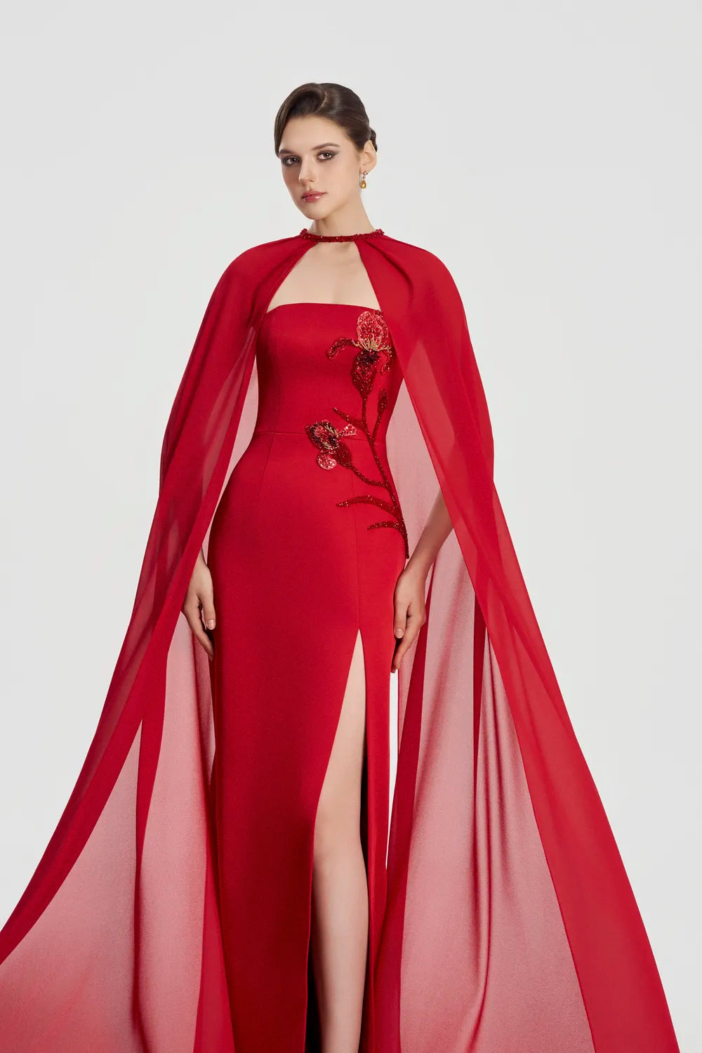 Long Cape Floral Crystal Embellished Dress