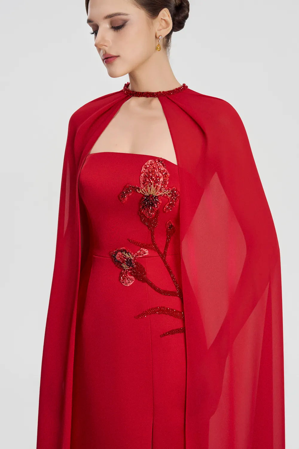 Long Cape Floral Crystal Embellished Dress