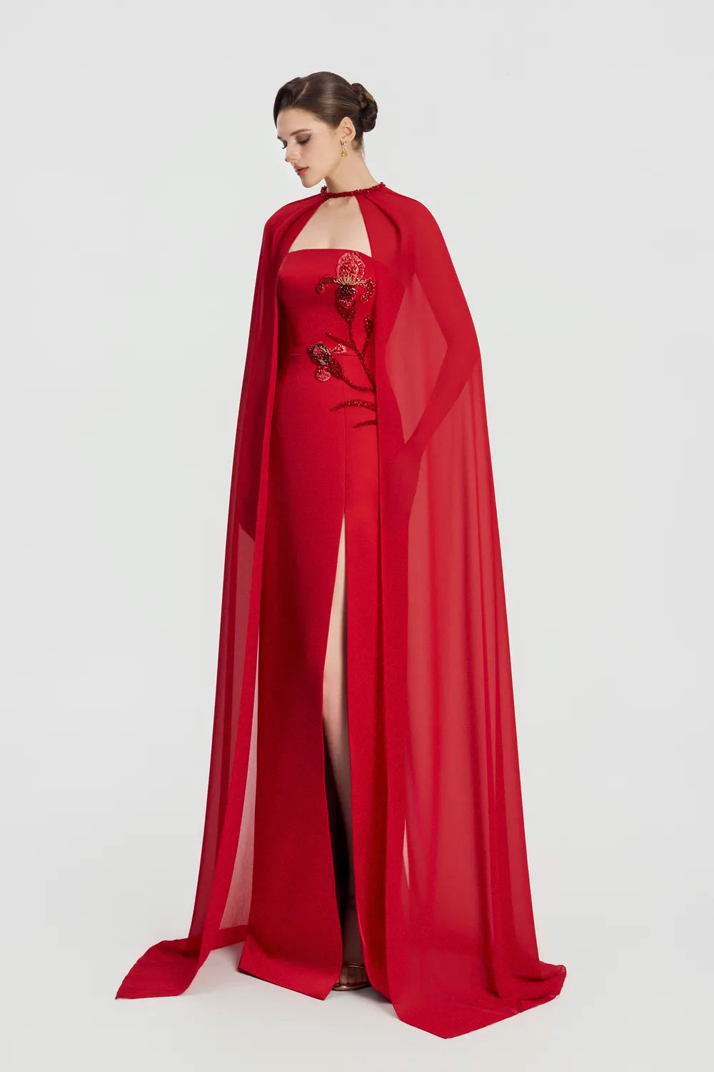Long Cape Floral Crystal Embellished Dress