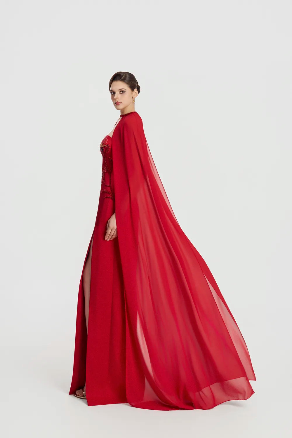 Long Cape Floral Crystal Embellished Dress