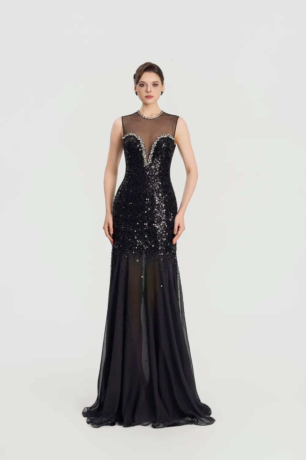 Crystal Curved Chest See-Through Gathered Dress