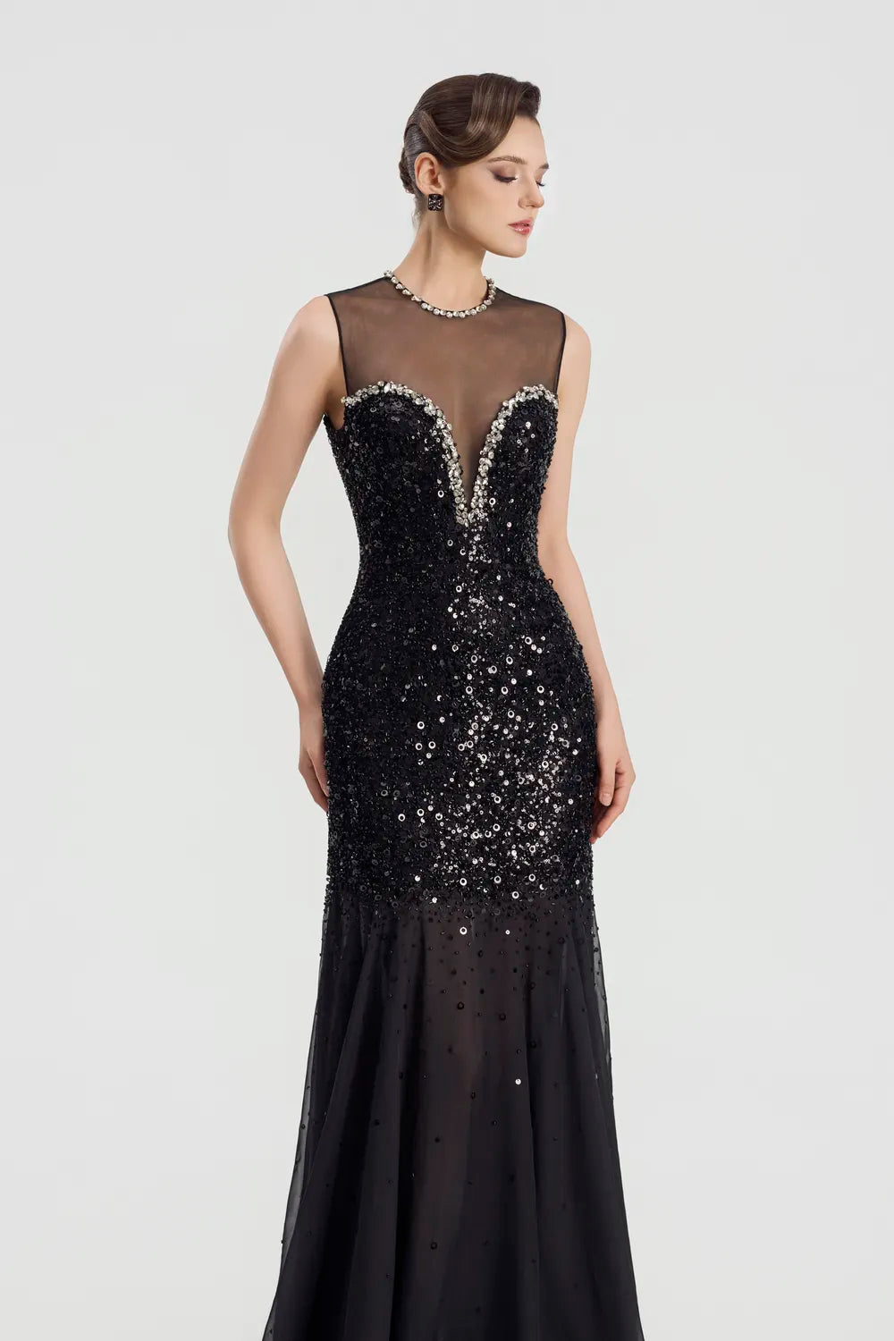 Crystal Curved Chest See-Through Gathered Dress