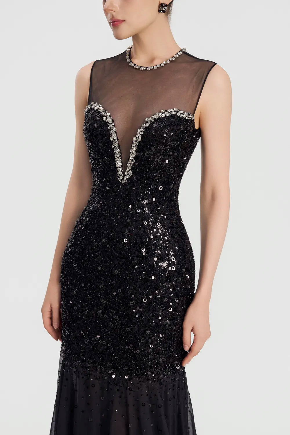 Crystal Curved Chest See-Through Gathered Dress