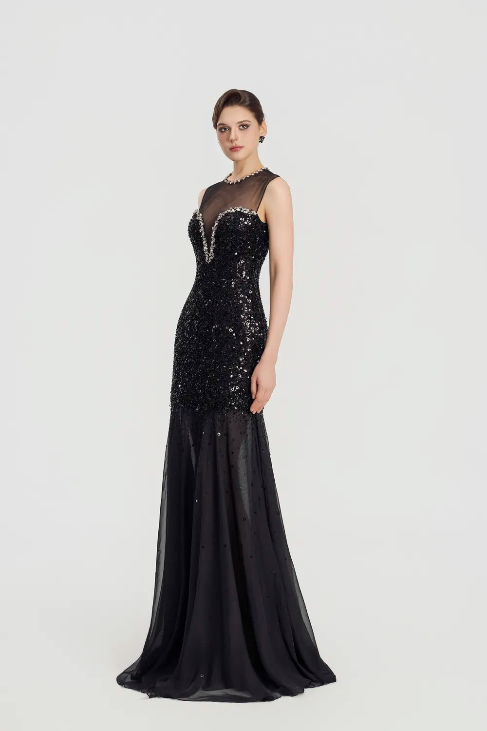 Crystal Curved Chest See-Through Gathered Dress