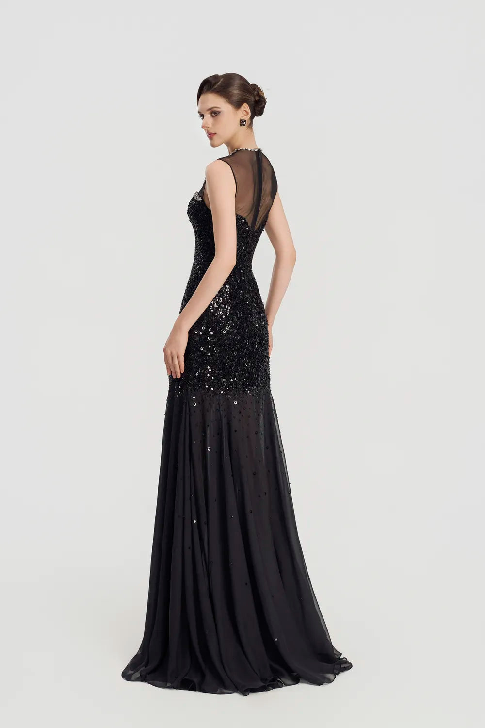 Crystal Curved Chest See-Through Gathered Dress