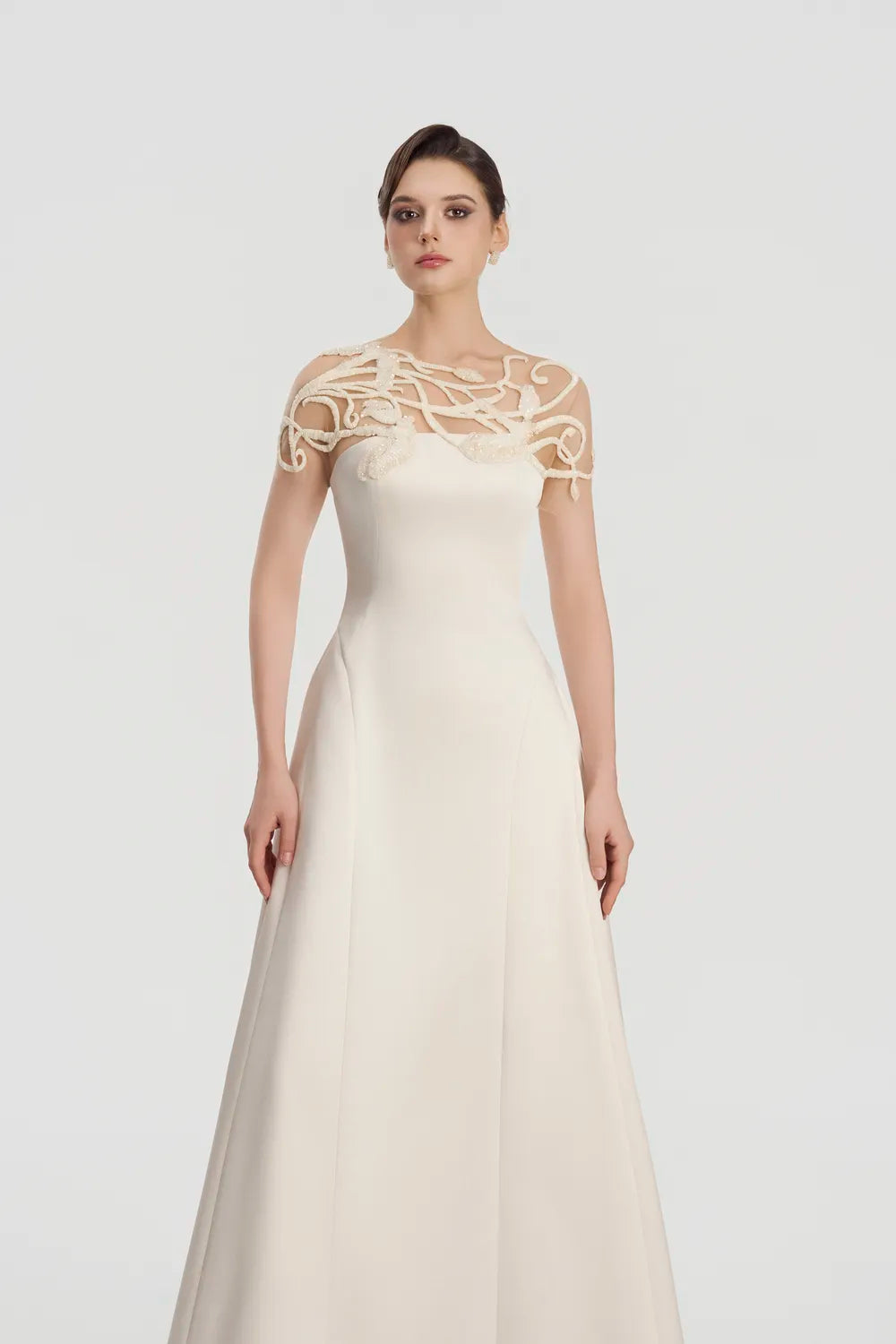 Asymmetric Wavy Bead Embellished Shoulder A-Line Dress