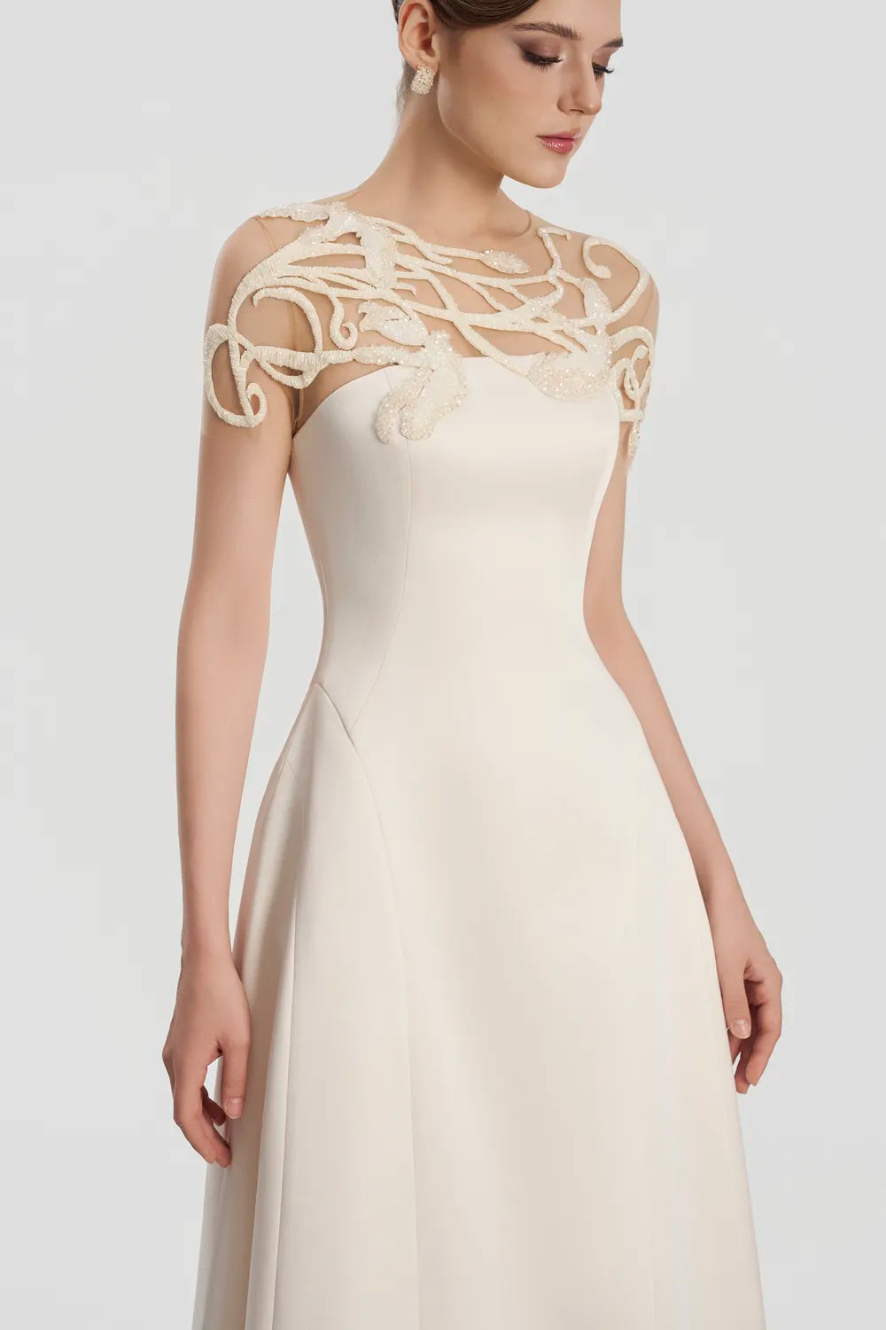 Asymmetric Wavy Bead Embellished Shoulder A-Line Dress