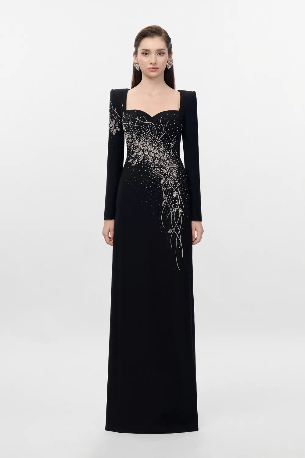 Diagonal Crystal Embellished Long Sleeve Dress - TRACY COUTURE