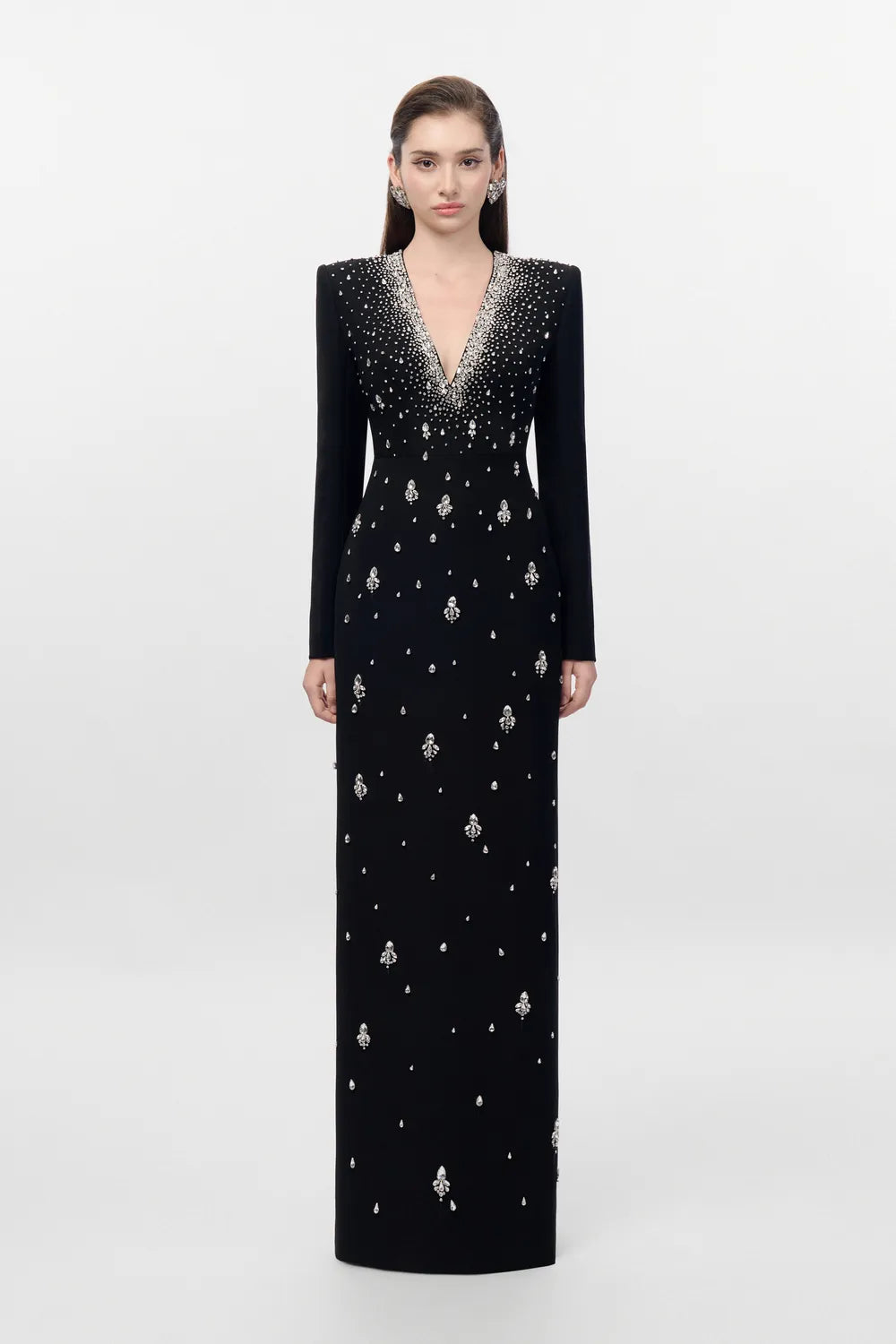 V-Chest Crystal Embellished Straight Dress - TRACY COUTURE