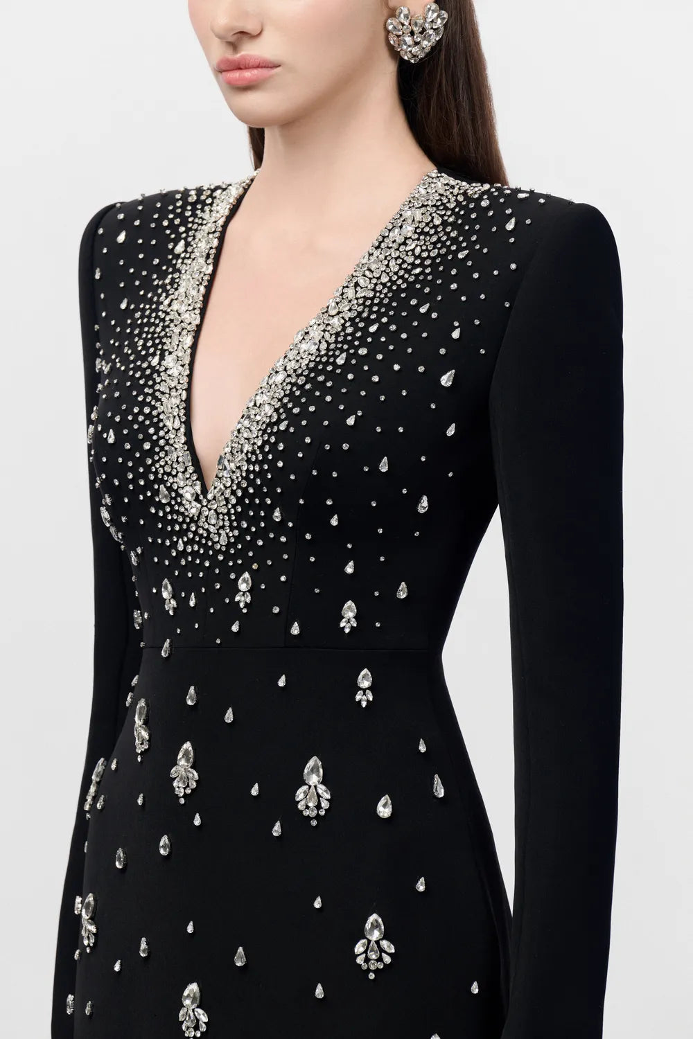 V-Chest Crystal Embellished Straight Dress - TRACY COUTURE