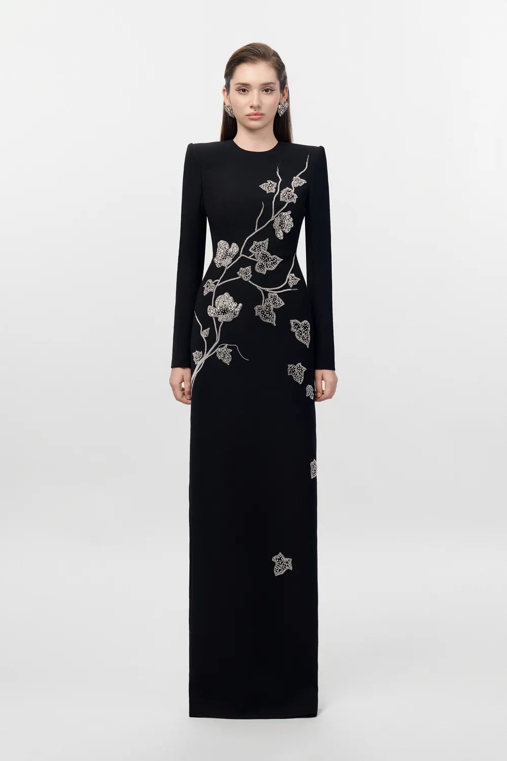 Round Neck Leaf And Floral Branches Crystal Embellished - TRACY COUTURE