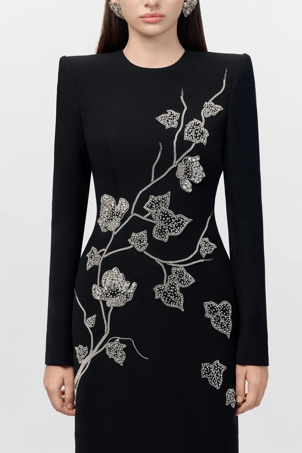 Round Neck Leaf And Floral Branches Crystal Embellished - TRACY COUTURE