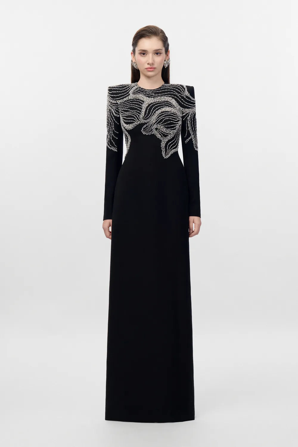 Round Neck Double Floral Crystal Embellished Dress - TRACY COUTURE