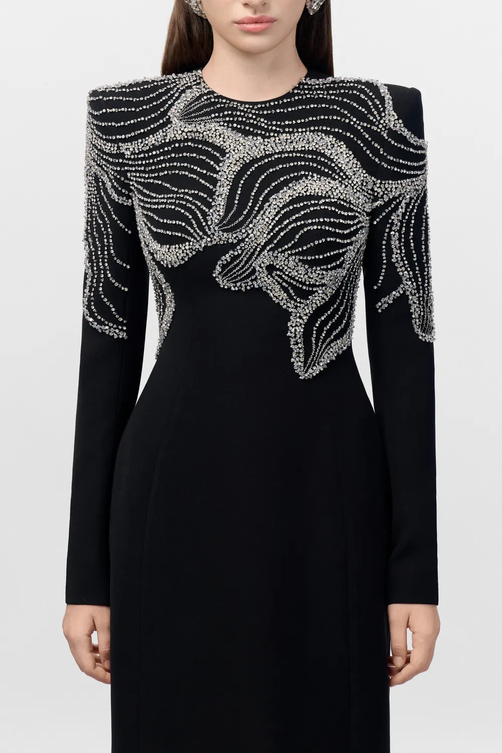 Round Neck Double Floral Crystal Embellished Dress - TRACY COUTURE