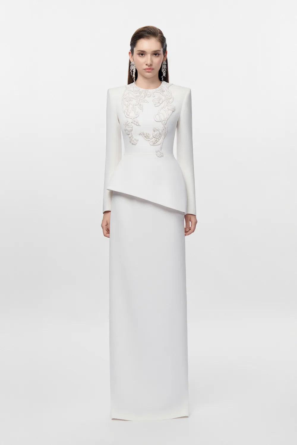 Leaf And Foral Branches Embellished Peplum Dress - TRACY COUTURE