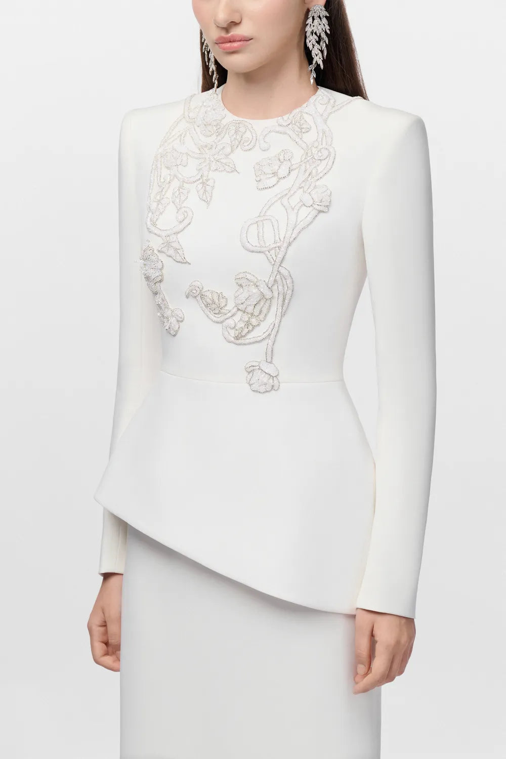 Leaf And Foral Branches Embellished Peplum Dress - TRACY COUTURE