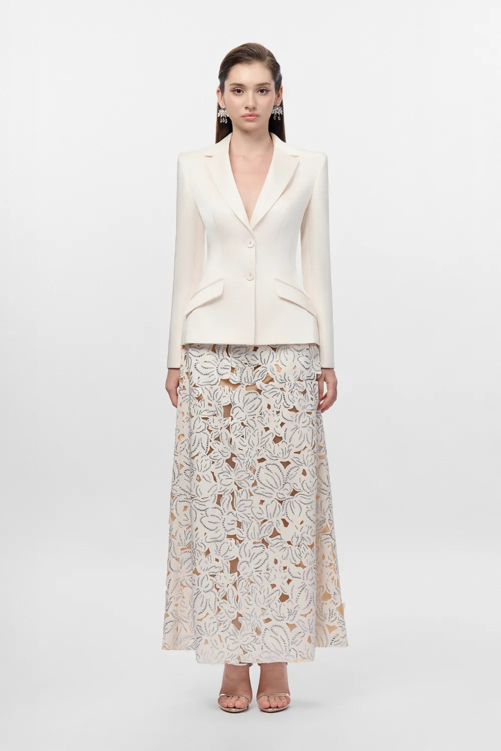 Notched Lapel Blazer A-line Floral Laser-Cut Skirt Set - TRACY COUTURE