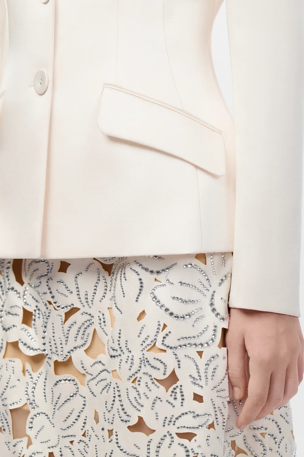 Notched Lapel Blazer A-line Floral Laser-Cut Skirt Set - TRACY COUTURE