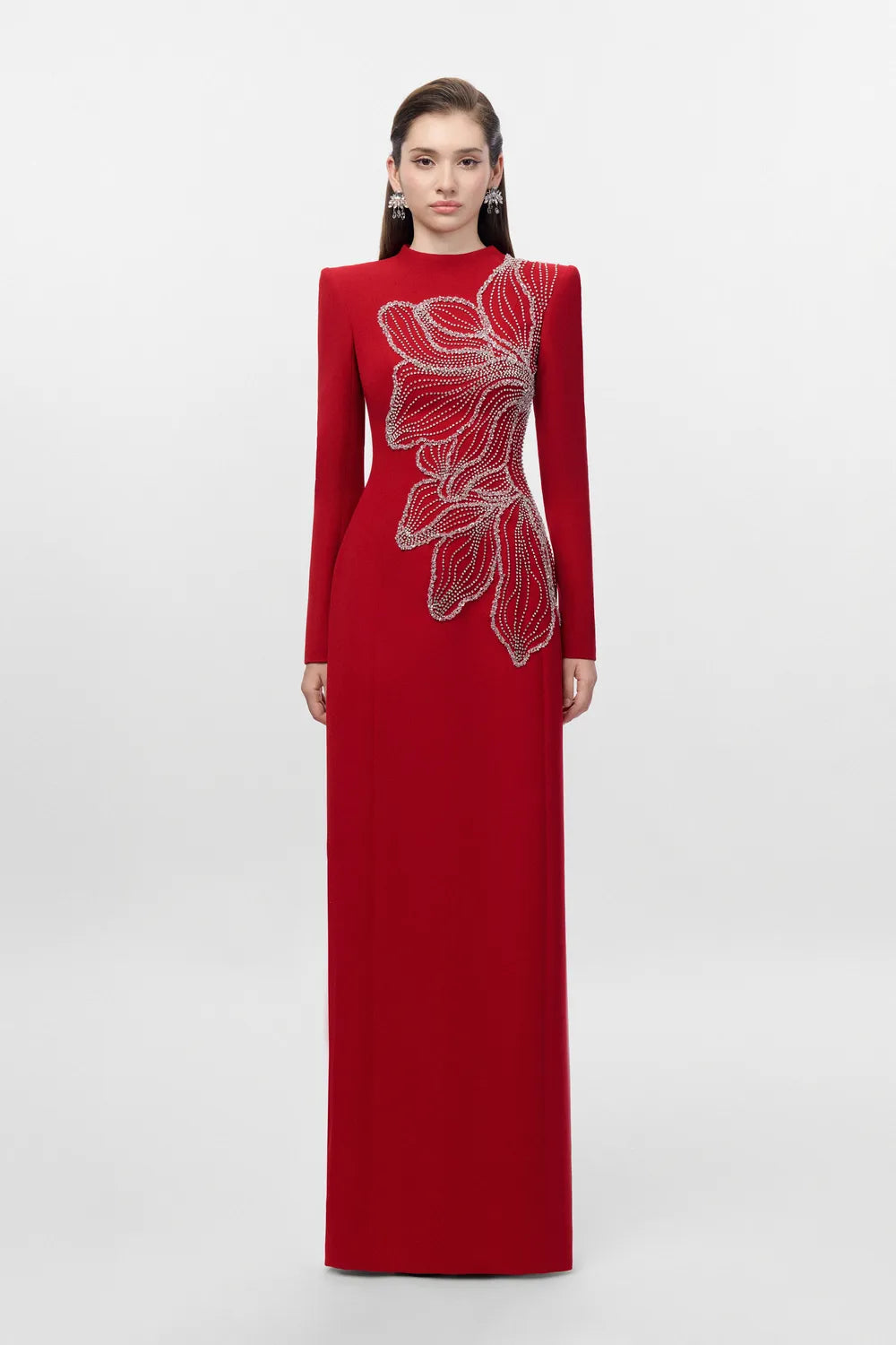 Sided Floral Crystal Embellished Straight Dress - TRACY COUTURE