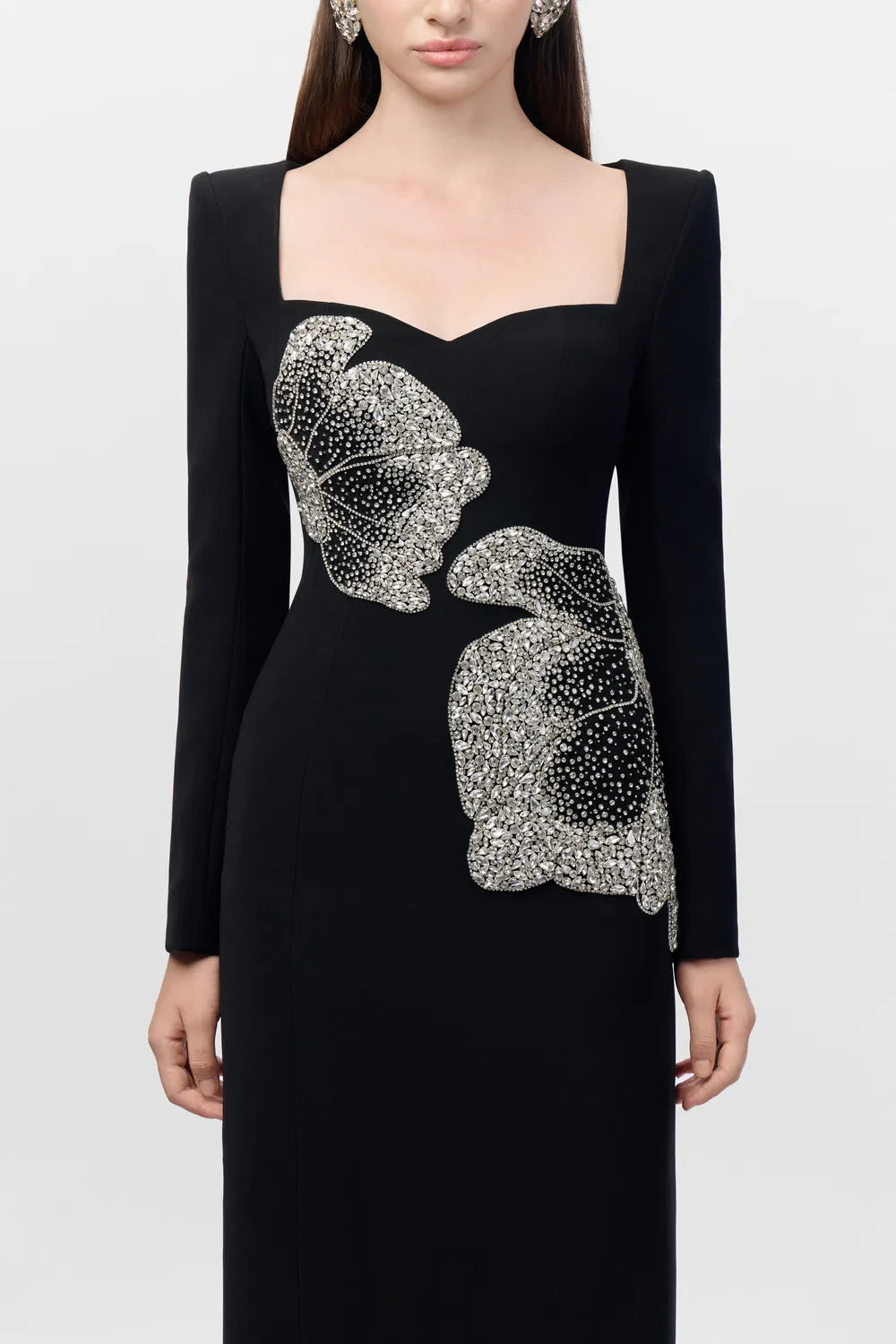 Square Neck Floral Embellished Dress - TRACY COUTURE