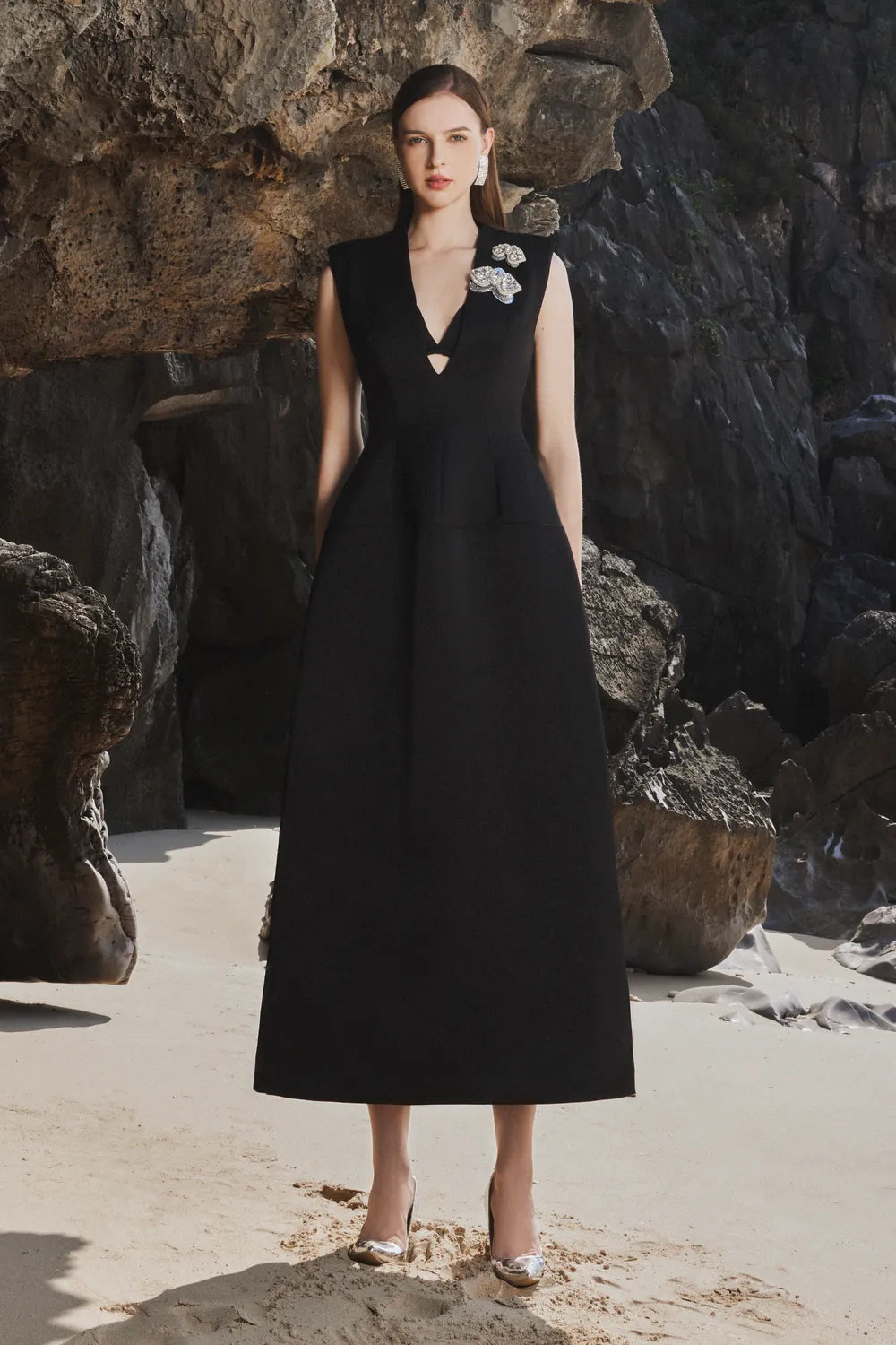 Sleeveless V-Neck Coat Midi Dress