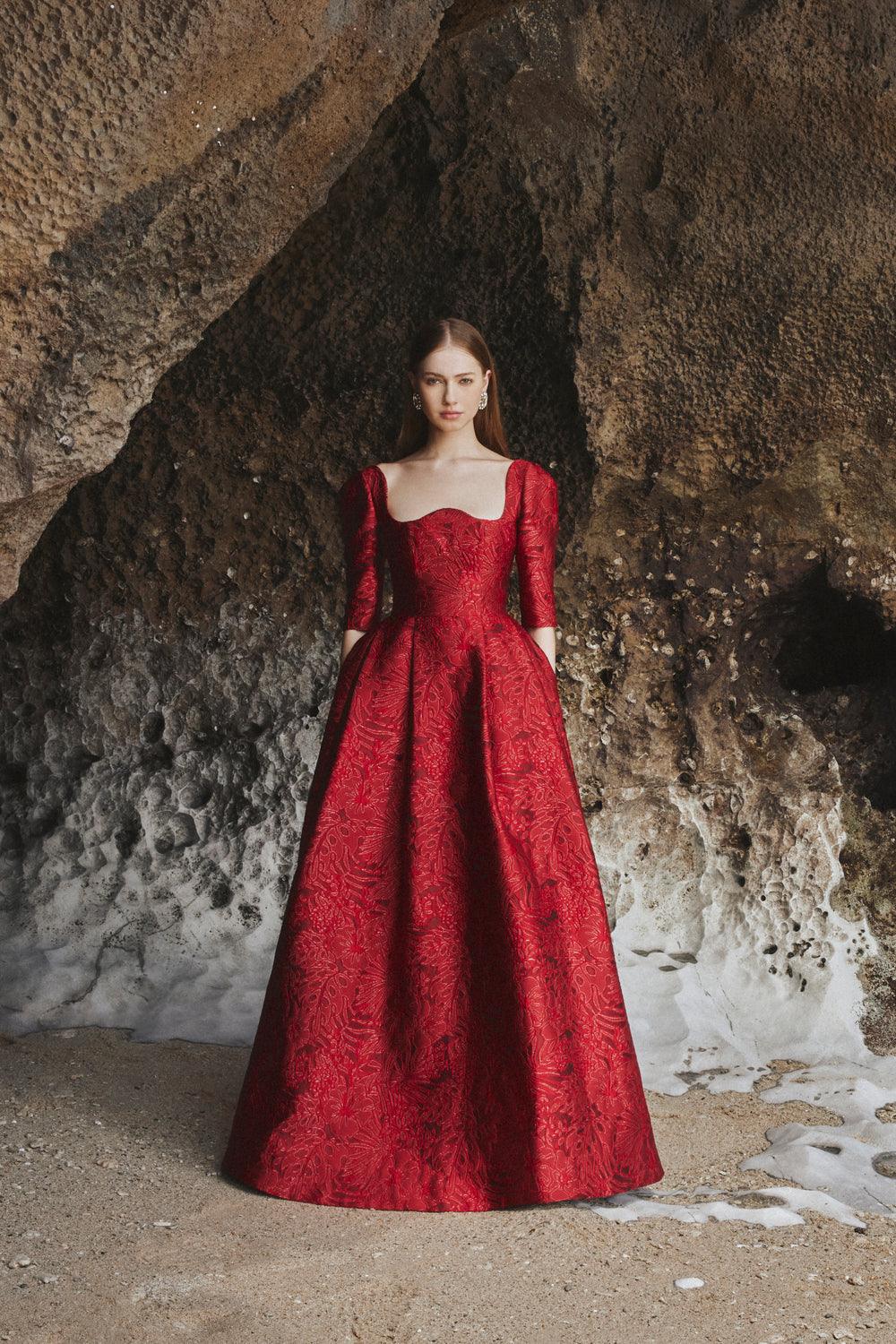 Women's Amelia Ball Gown Curved Neck Brocade Maxi Dress XS/S/M/L/XL/XXL//Red/MEAN BLVD XL / Red Women's Amelia Ball Gown Curved Neck Brocade Maxi Dress XS/S/M/L/XL/XXL//Red/MEAN BLVD XL / Red