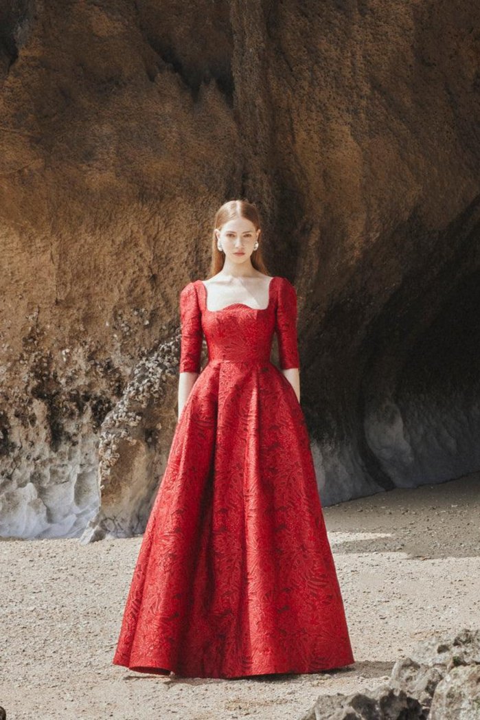 Long Sleeve Curved Neckline Full Dress