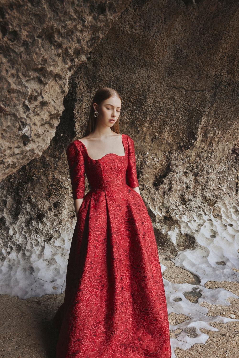 Long Sleeve Curved Neckline Full Dress