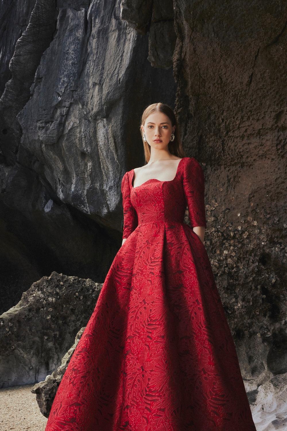 Long Sleeve Curved Neckline Full Dress