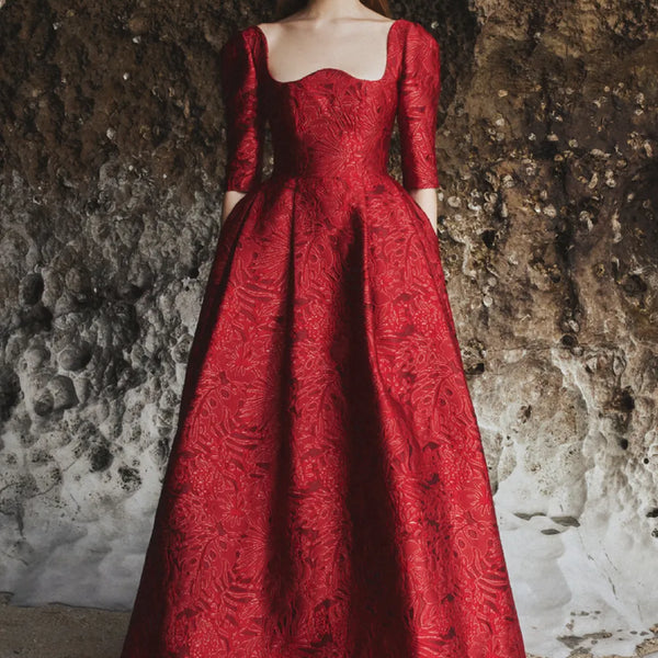 long sleeve curved hem dress Women's Amelia Ball Gown Curved Neck Brocade Maxi Dress XS/S/M/L/XL/XXL//Red/MEAN BLVD L / Red