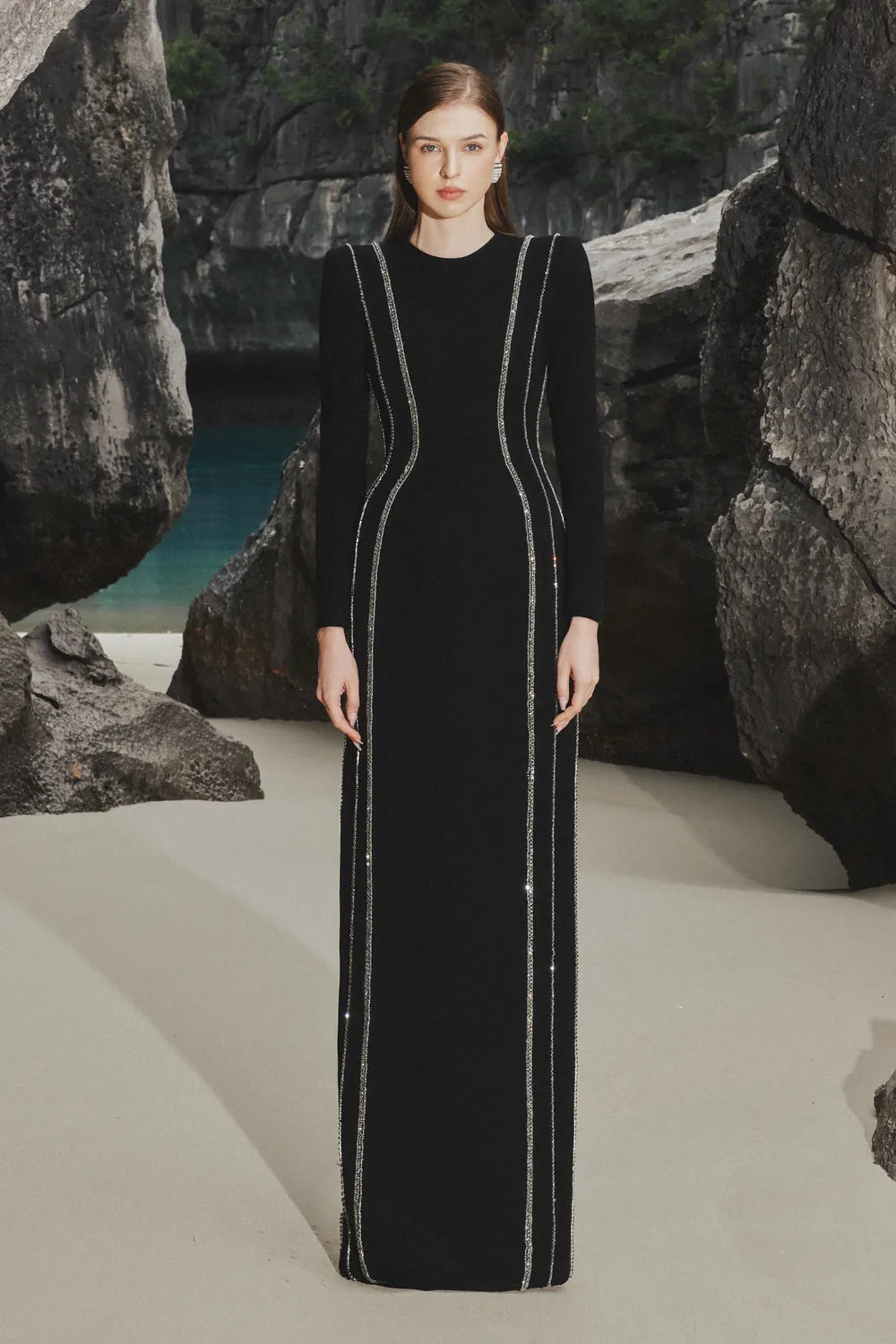 Crystal Embellished Long Sleeve Bodycon Full Dress