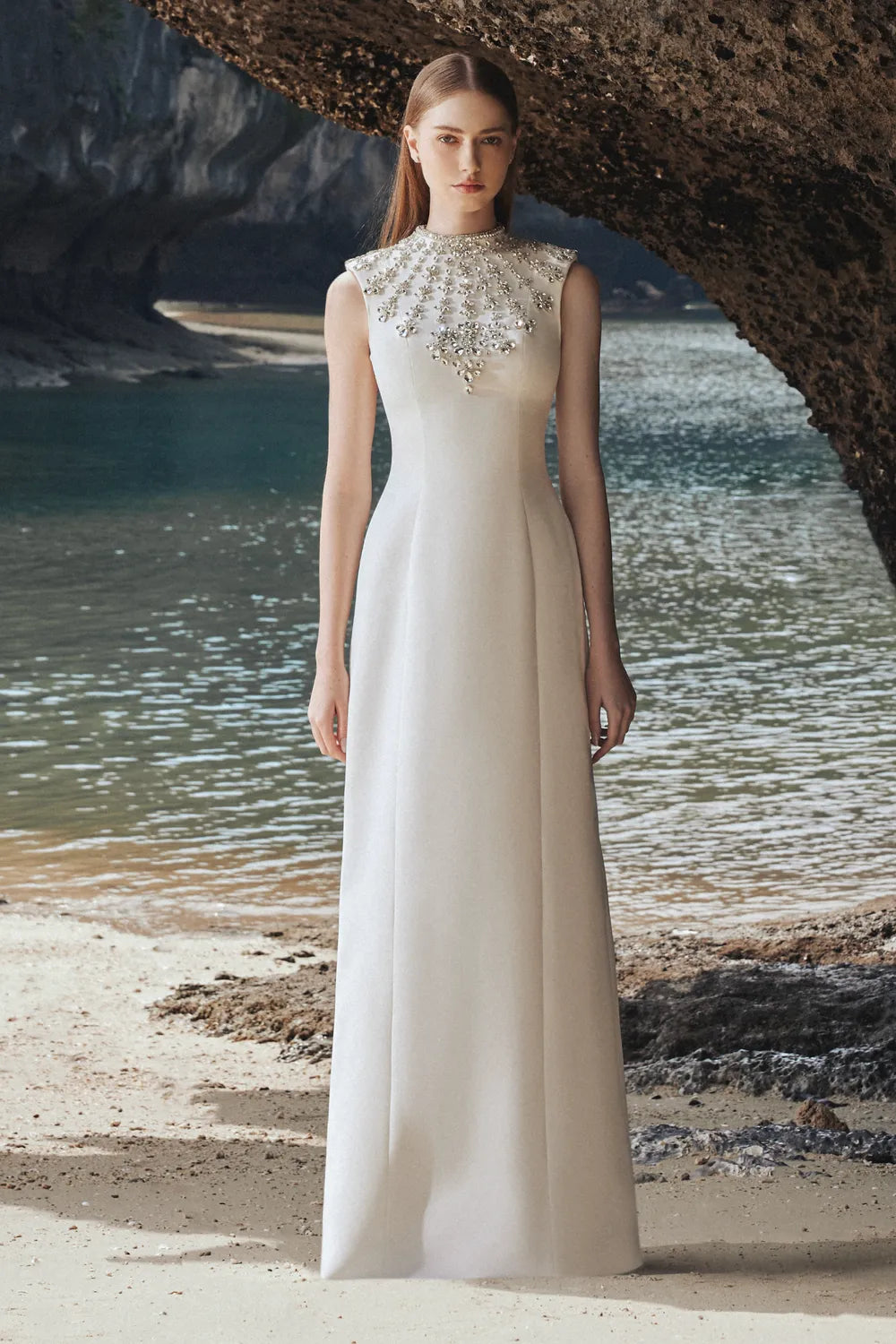 Sleeveless Bodycon Full Dress With Stone Embellishment - TRACY COUTURE