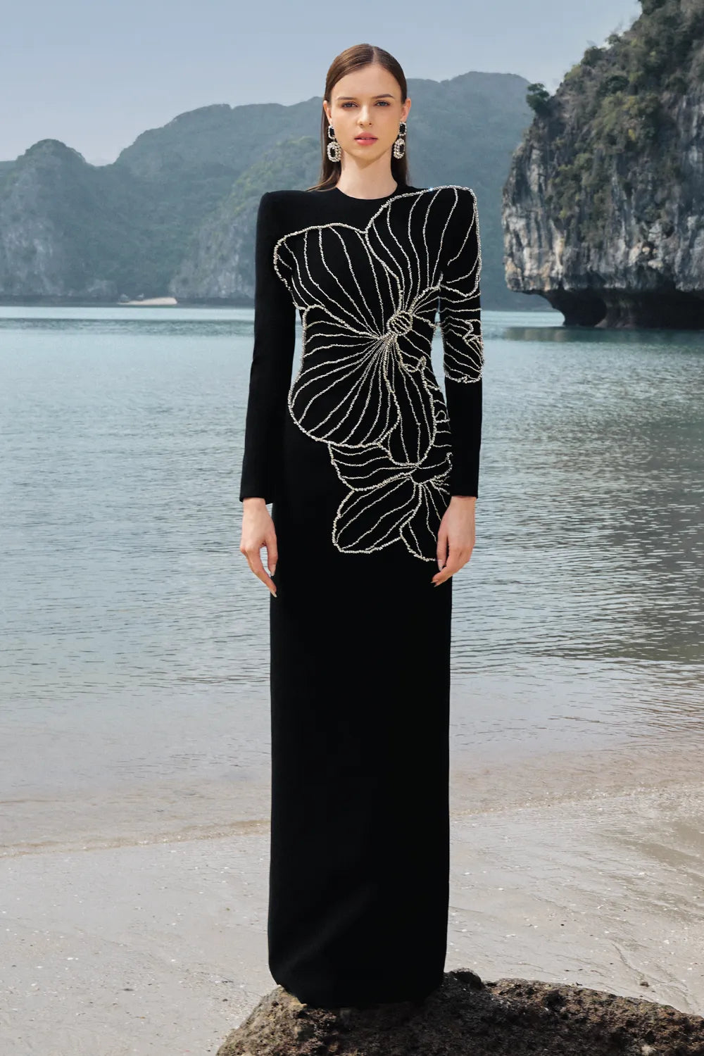 Long Sleeve Orchid Patterned Bodycon Full Dress - TRACY COUTURE