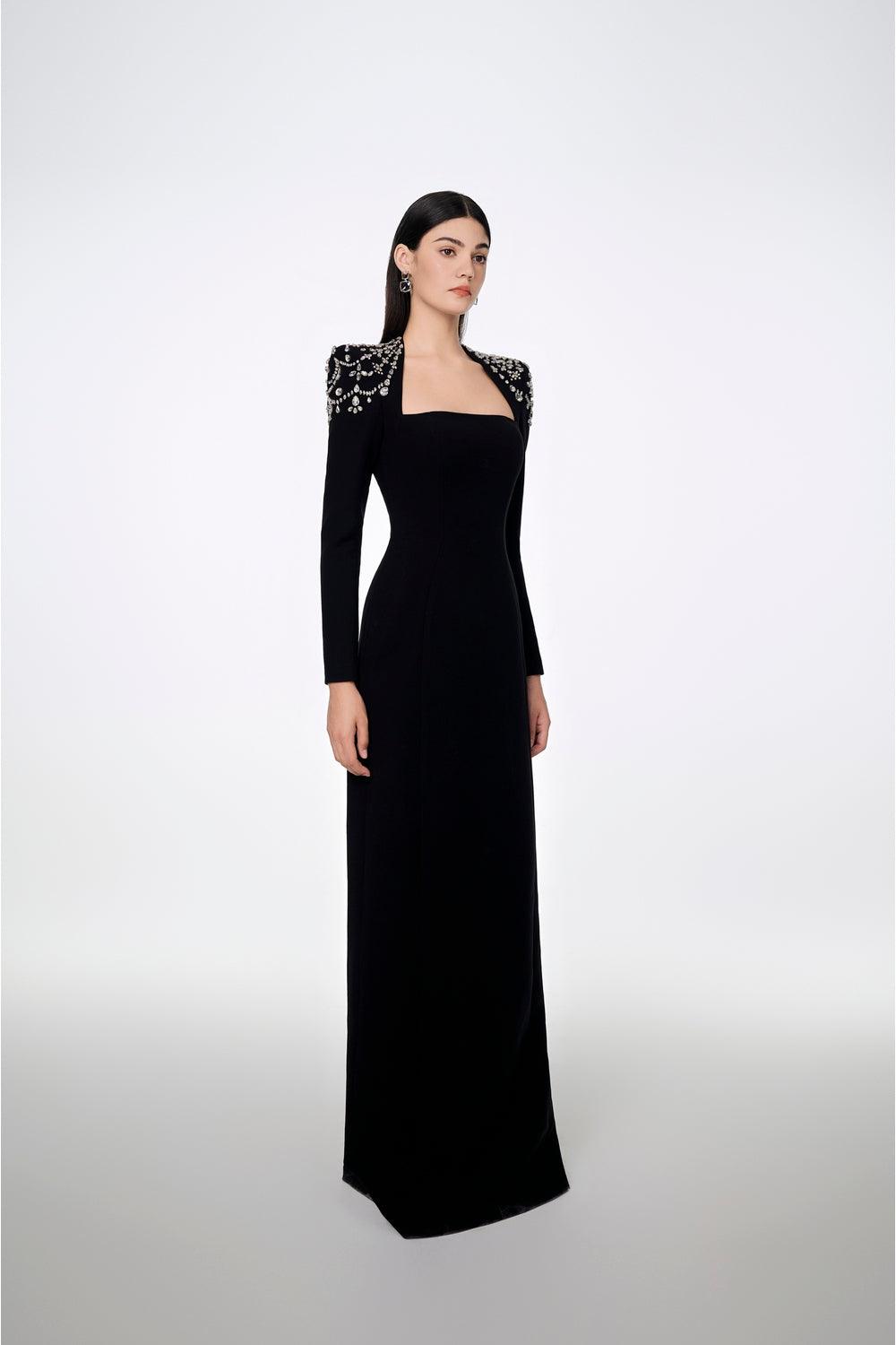 Long Sleeve Queen Anne Neckline Dress L / Black Long Sleeve Queen Anne Neckline Dress L / Black