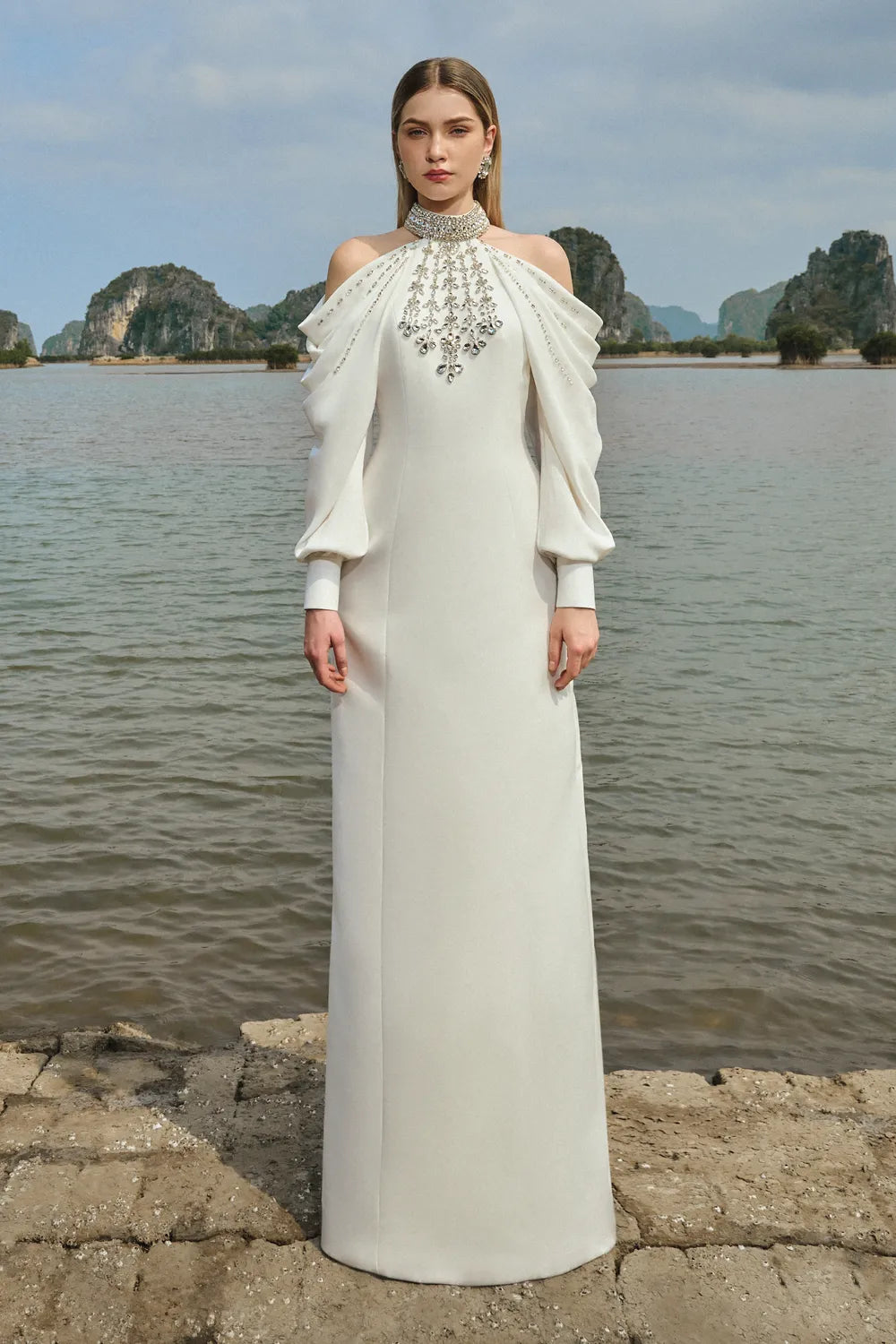 Cold-Shoulder Turtleneck Full Dress With Stone Embellishment XL / White
