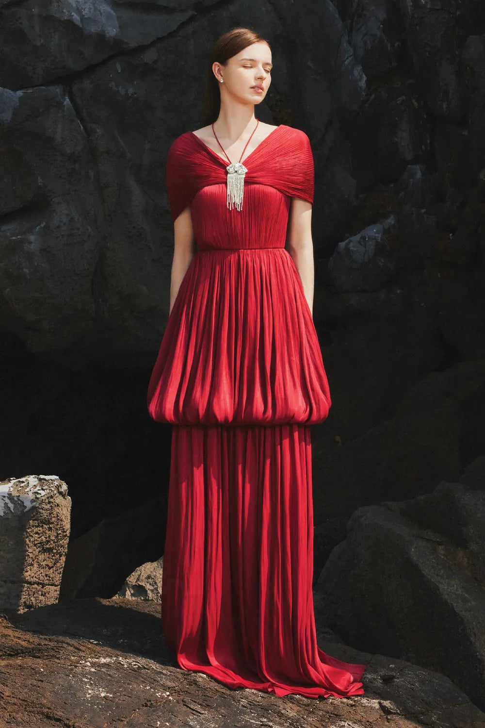 Off-Shoulder Bubble Flare Pleated Full Dress - TRACY COUTURE