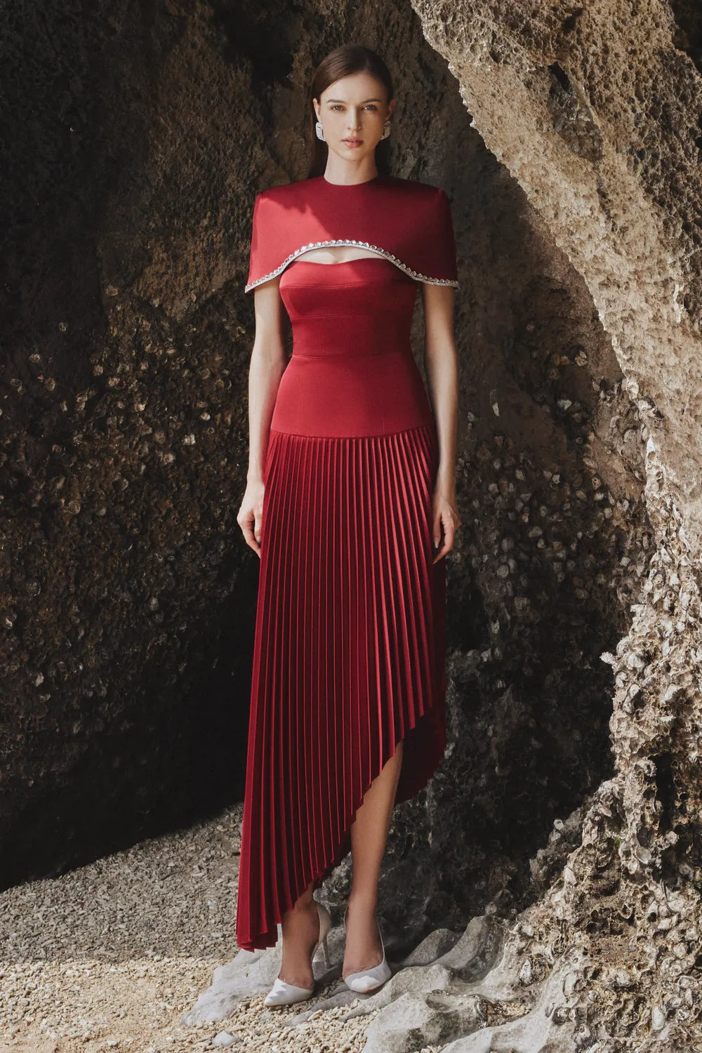 asymmetric pleated dress Strapless Asymmetric Pleated Dress And Stone Embellished Cape Set XL / Red