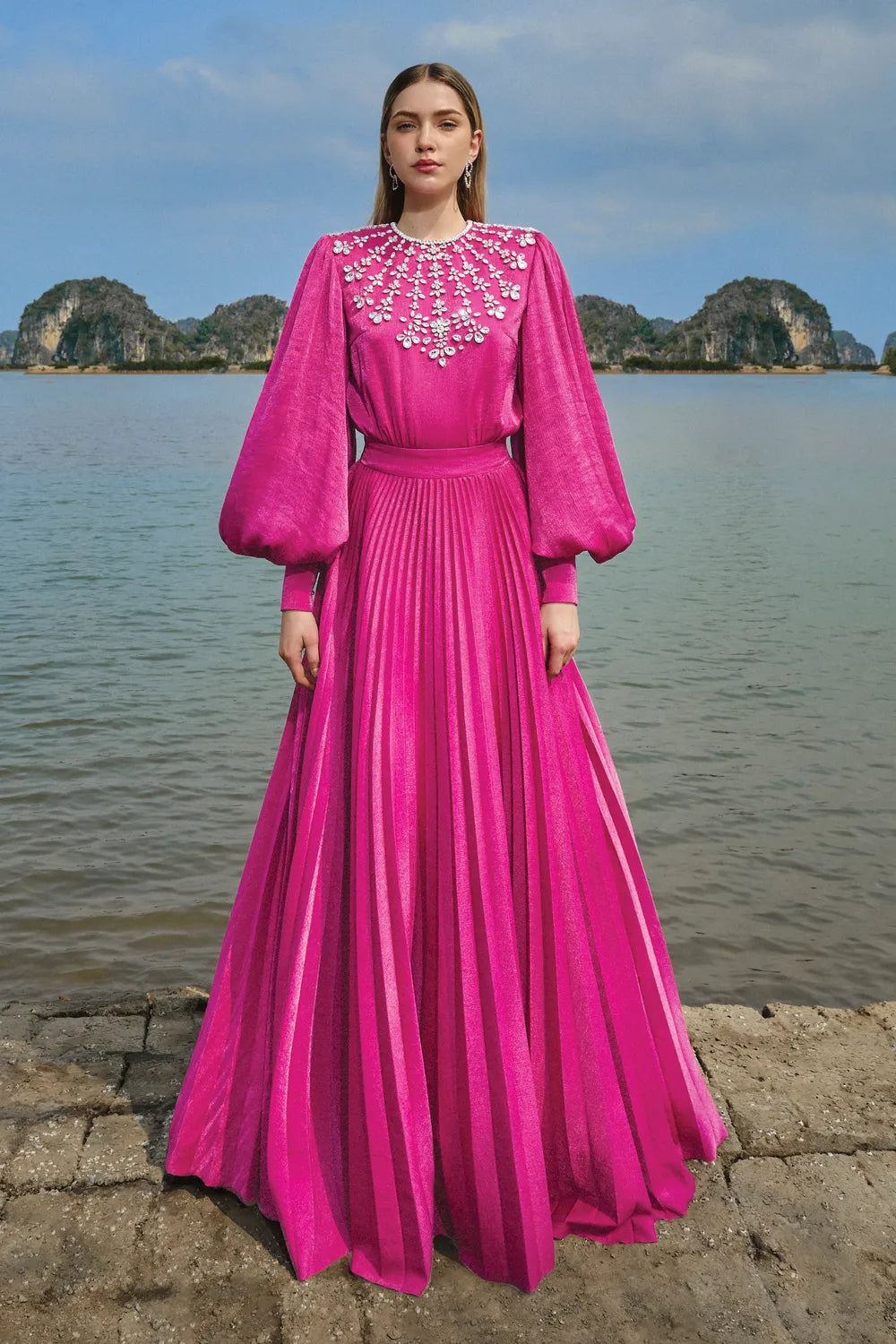 Pleating Dress With Back Slit - TRACY COUTURE