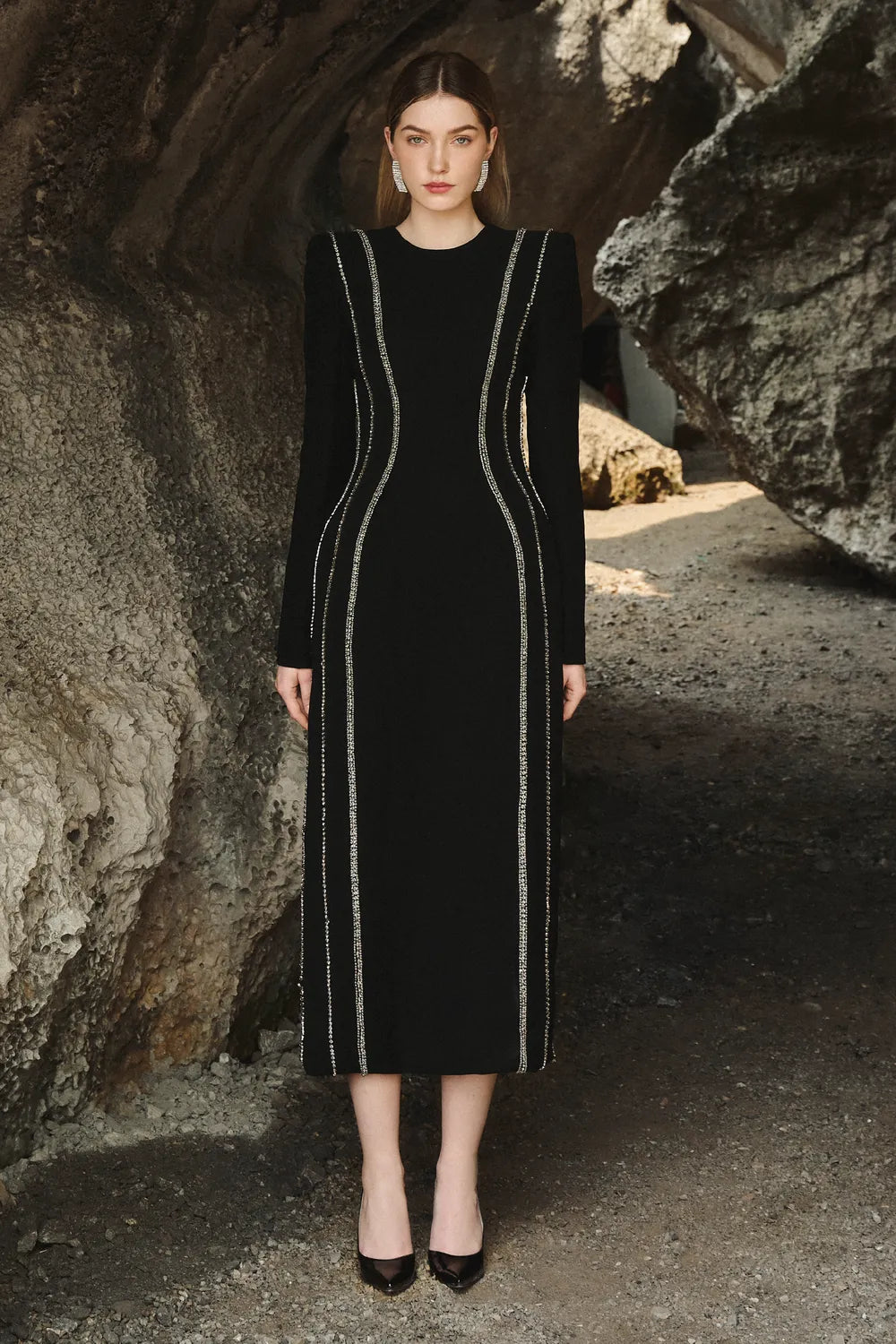 Crystal Embellished Long Sleeve Bodycon Midi Dress S / Black