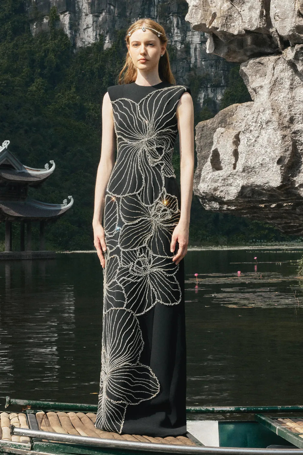 Sleeveless Orchid Crystal Patterned Dress - TRACY COUTURE