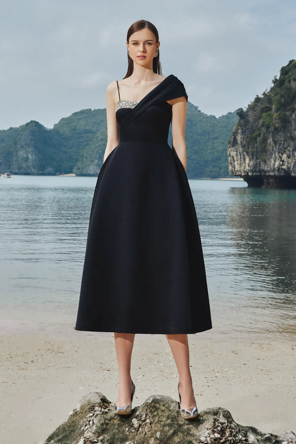 Asymmetric Crystal Embroidered One Shoulder Midi Dress - TRACY COUTURE