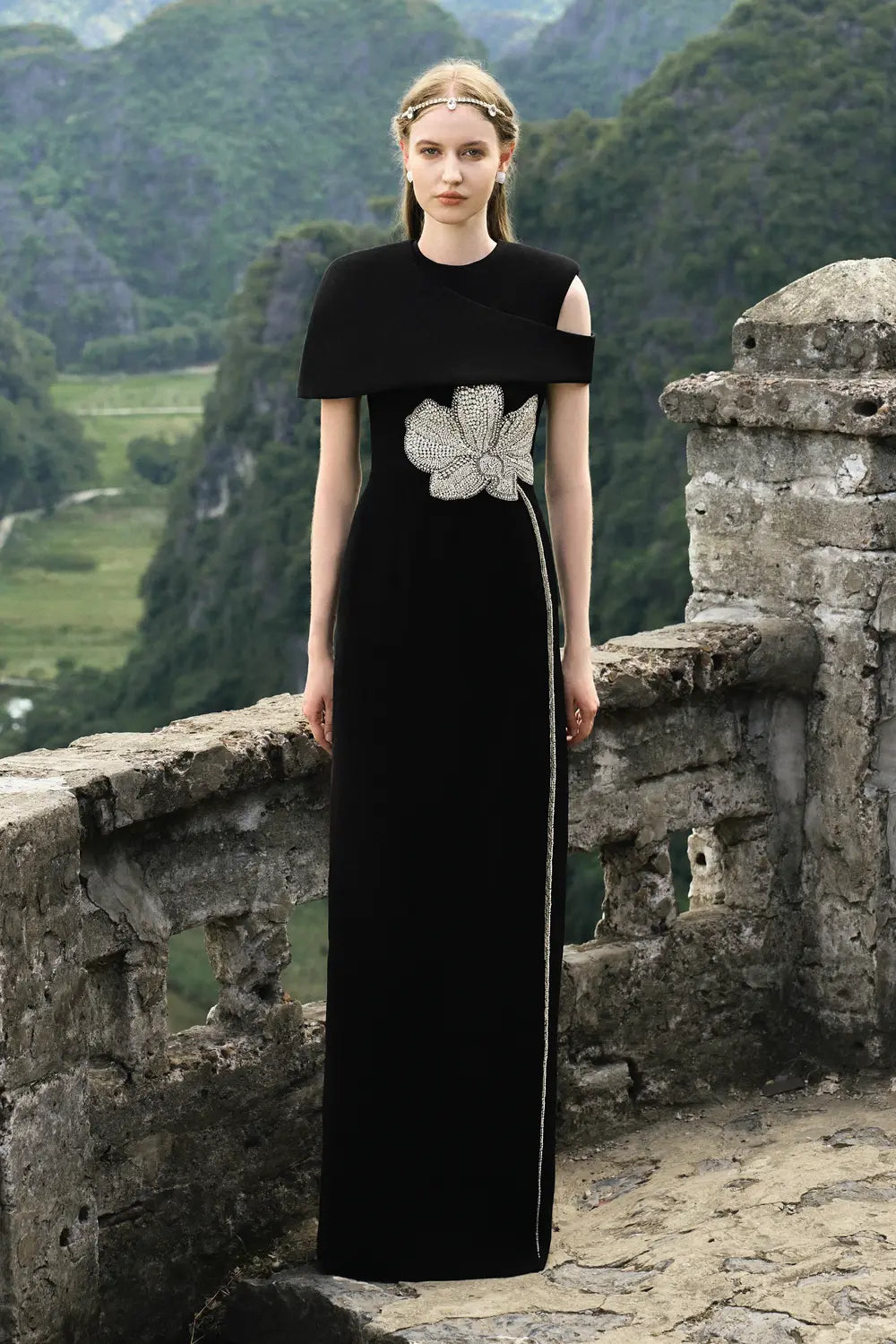 Asymmetric Shoulder Cape With Stone Orchid Patterned Dress Set - TRACY COUTURE