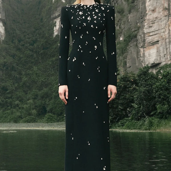 black embroidered stones pleated midi dress English Factory main image 1