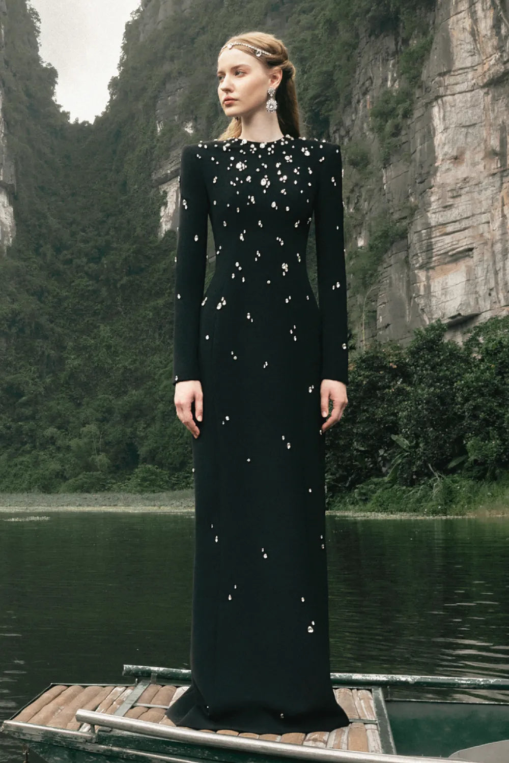 Stone Embellished Long Sleeve Dress - TRACY COUTURE