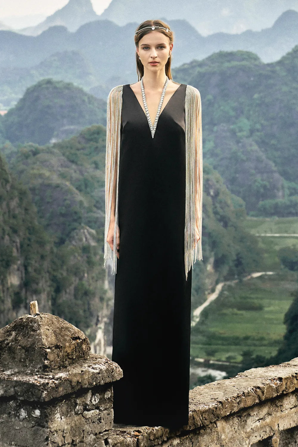 Crystal Fringed Sleeve Straight Dress - TRACY COUTURE