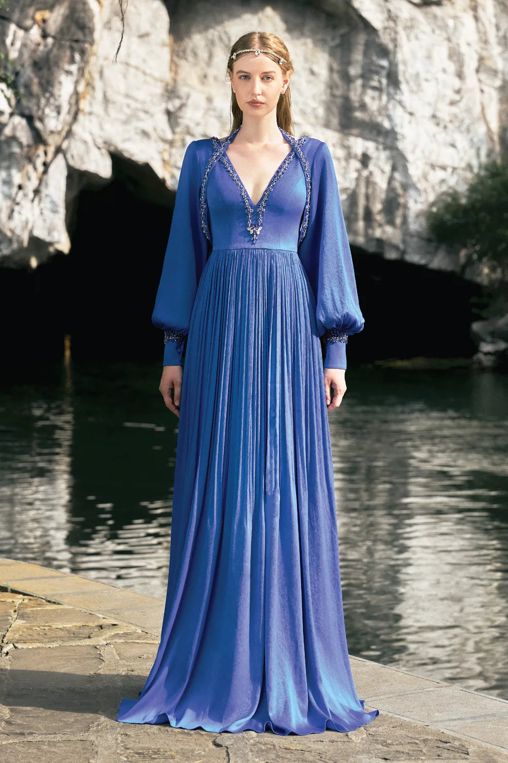 Long Puffy Sleeve V-Neck Dress - TRACY COUTURE