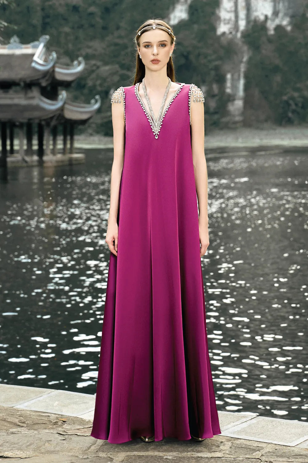 Sleeveless V-Neck Straight Dress - TRACY COUTURE